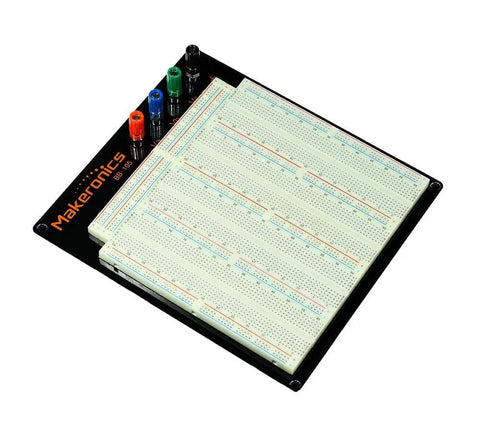 Top view of Solderless Breadboard Pro Kit With 3220 Tie Points, Aluminum Back Plate, 7 power lanes, and connectors.