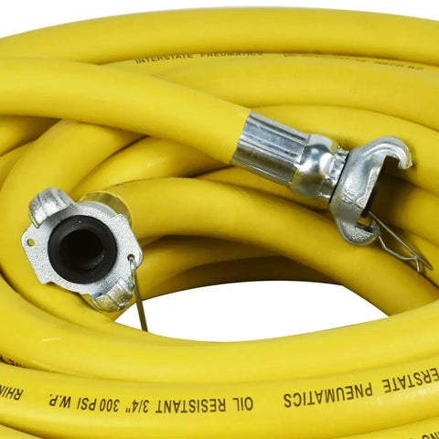 Close-up of Heavy Duty Yellow Rubber Air Hose For Jackhammers 3/4 Inch By 50 Feet 300 Psi Chicago Style Couplers showing connections.