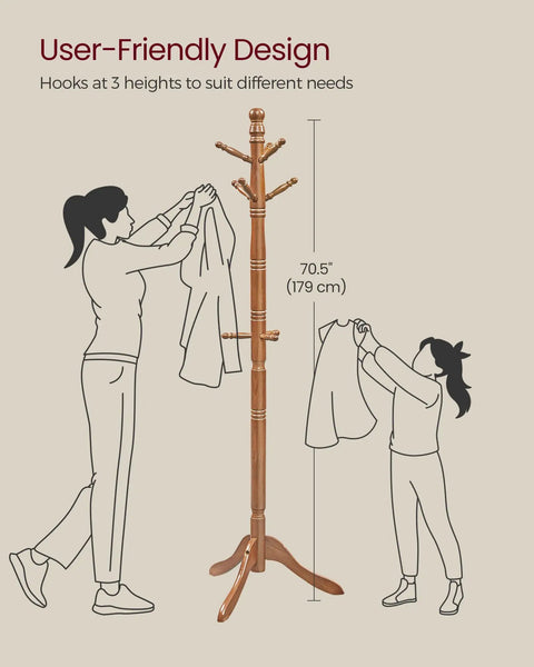 Illustration showing Solid Wood Coat Rack With Ten Hooks Free Standing Hall Tree with user-friendly design features