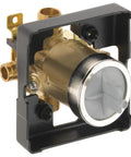 R1-MFWS Universal Shower Trim Kit With MultiChoice Valve Chrome Finish in brass and black frame, close-up view.