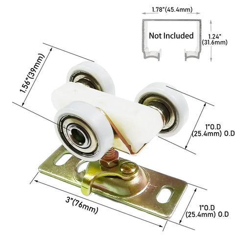 Two Pack Sliding Pocket Door Rollers Replacements Top Hanger Kit with 1 inch wheels and ball bearing design, dimensions shown.