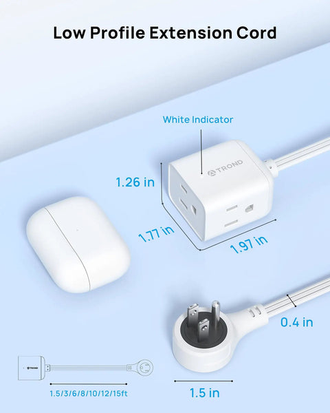 Rotating Flat Plug 3ft Extension Cord With Three AC Outlets, Low Profile Swivel Wall Plug, ETL Listed, White, Built For Tight Spaces And Busy Desks For Daily Use, No Fuss, white cube closeup with 1.26 in and 1.97 in dimensions