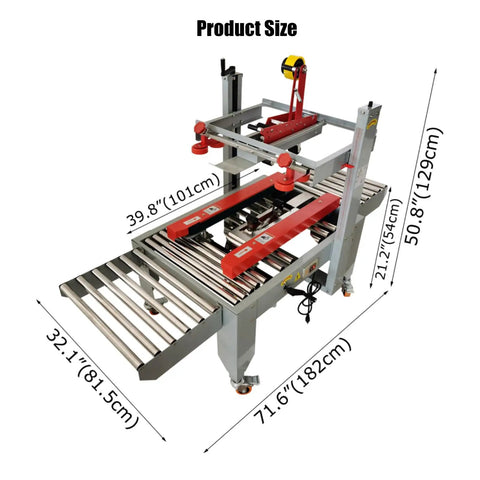 No Fuss Heavy Duty Automatic Tape Carton Sealing Machine Wide Adjustable Width And Height Settings dimensions showing size measurements.