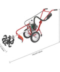 Gas Powered Tiller With Wheels 63cc 4 Stroke Cultivator 4HP Mini Rototiller showing dimensions and wheel design