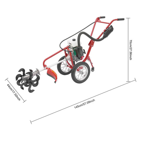 Gas Powered Tiller With Wheels 63cc 4 Stroke Cultivator 4HP Mini Rototiller showing dimensions and wheel design