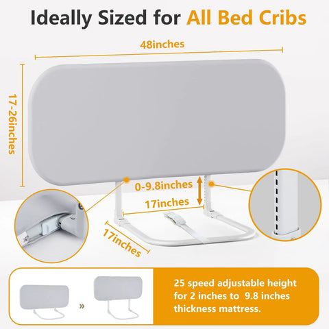 Travel Friendly Toddler Bed Rail Guard For Crib To King Size Beds. Gray adjustable 25-speed rail shown with dimensions.