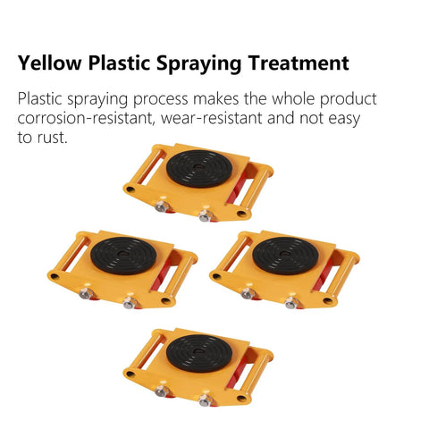 4 Pack Heavy Duty Machinery Skates Dolly with 6 Ton Capacity, Yellow, featuring plastic spray treatment for industrial equipment moving.