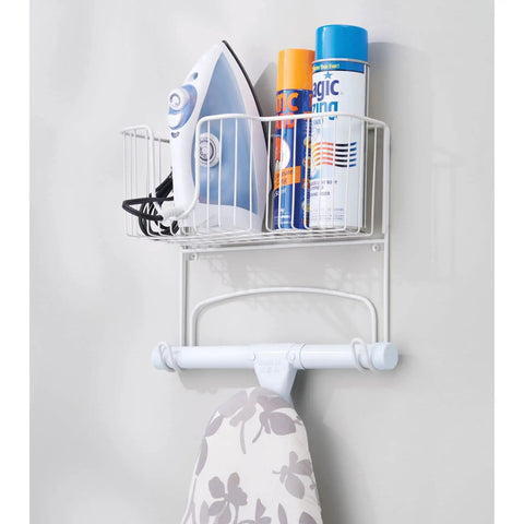 Wall Mounted Ironing Board Rack With Basket Storage For Easy Organization All-In-One Heavy Duty Steel Ironing Board Holder In White