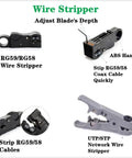 Image of various wire strippers including RG59/RG58 models, ABS handle, and UTP/STP network types, used for adjusting blade depth and stripping cables.