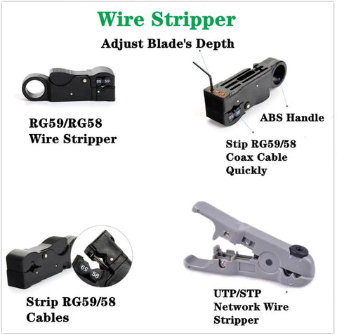 Image of various wire strippers including RG59/RG58 models, ABS handle, and UTP/STP network types, used for adjusting blade depth and stripping cables.