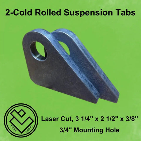 Two Pack Heavy Duty Suspension Mount Tabs In Three Eighths Inch Cold Rolled Steel With Three Quarter Inch Hole on Green Background
