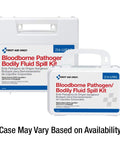 Front view of First Aid Only 23-piece Bloodborne Pathogen/Bodily Fluid Spill Kit in white plastic case with handle