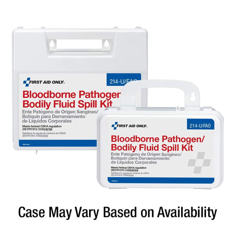 Front view of First Aid Only 23-piece Bloodborne Pathogen/Bodily Fluid Spill Kit in white plastic case with handle