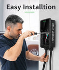 Man installing Premium Sae J1772 Level 2 Electric Vehicle Charging Cord upgrade on wall using a screwdriver.