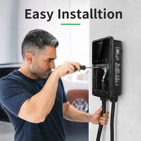 Man installing Premium Sae J1772 Level 2 Electric Vehicle Charging Cord upgrade on wall using a screwdriver.