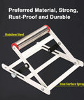 Workhorse Adjustable Height Table Saw Rollers Heavy Duty Fold Flat Cutting Machine Sidekick Support Frame Rust Resistant Steel Pro Shop Tools Set Four stainless steel roller with white iron support design.