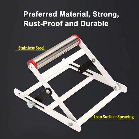 Workhorse Adjustable Height Table Saw Rollers Heavy Duty Fold Flat Cutting Machine Sidekick Support Frame Rust Resistant Steel Pro Shop Tools Set Four stainless steel roller with white iron support design.