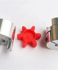 One Pack Heavy Duty Plum Elastic Coupler For Servo Motor Builds featuring silver metal couplers and red rubber insert for flexibility.