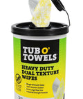 Canister of Heavy Duty 10 By 12 Inch Multi Surface Cleaning Wipes With Dual Texture For Everyday Messes And Tough Grime, yellow label