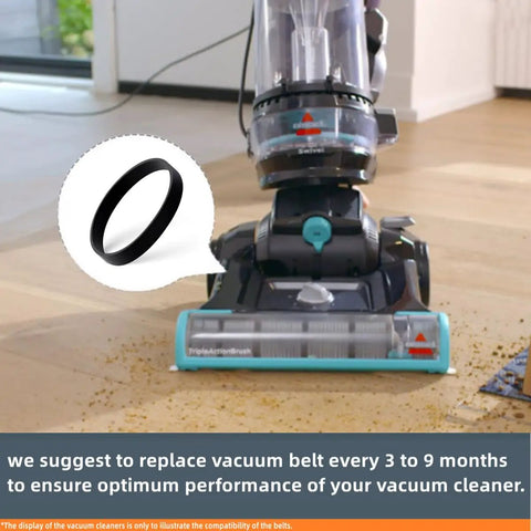 Replacement Vacuum Belts for Bissell CleanView Swivel Rewind Pet Reach Upright Models 3195 3196 3197 3197A 3198 3198A Pack of 2 Elastic Rubber Belts Built for Durability Easy Fit Strong Suction Long Lasting Performance. Black rubber vacuum belt shown with upright cleaner on carpet.