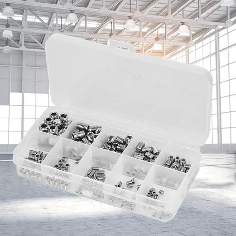 245 Piece Stainless Steel Hex Head Screws Set For Handyman DIY Projects Durable Fasteners Kit With Various Sizes And Easy Install Rust Resistant Screws For Cabinets Furniture Or General Repairs. Assorted stainless steel screws in a compartment storage box.