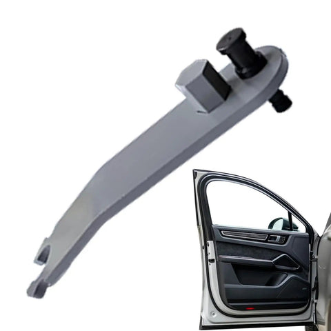 Universal Alloy Door Hinge Align Tool Pro Grade For Auto Body Repair And DIY Fixes next to car door.