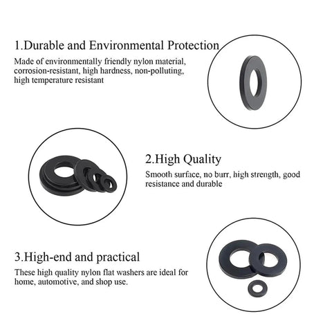 Massive 720 Piece Black Nylon Flat Washers Kit With Seven Sizes M3 M4 M5 M6 M8 M10 M12 For DIY Projects And Mechanical Fixes, reducing friction