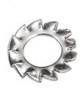 Close-up of a Pro Grade Stainless Steel 304 star lock washer with external teeth, part of the 700-piece set for electrical and mechanical projects.