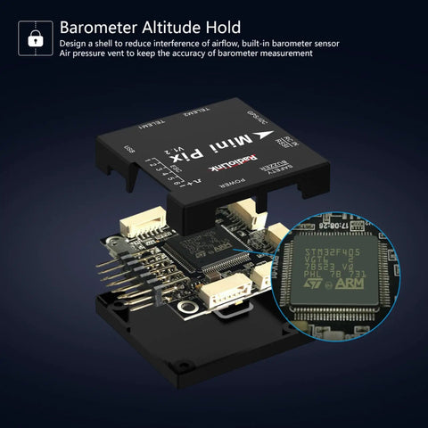 Ultra Compact Mini Pix Flight Controller V1.2 with open casing revealing interior components and barometer sensor details.