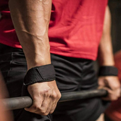 Close-up of Gym Lifting Wrist Straps for Weightlifting Training on a person's wrists gripping a barbell, durable 1 pair of lifting straps to maximize grip.