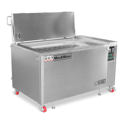 Top Shelf Ultrasonic Parts Washer Uses Rock Solid Three Phase Power To Blast Stubborn Oil Grease And Machining Debris From Metal Tools.
