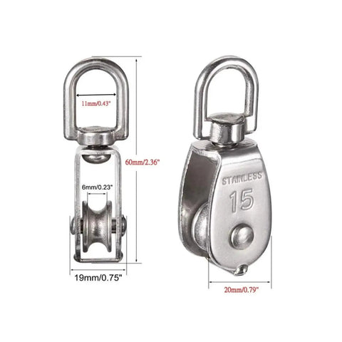 Cable Pulley Wheel Set For 1, 2, And 4 Piece Options Beefy Heavy Duty Lifting Single Pulley Roller Stainless Steel 360 Degree Rotating Rope Guide For Tough Rigging, Hoists, And Home Gym Use. Stainless steel pulley with 15mm wheel and 60mm body size