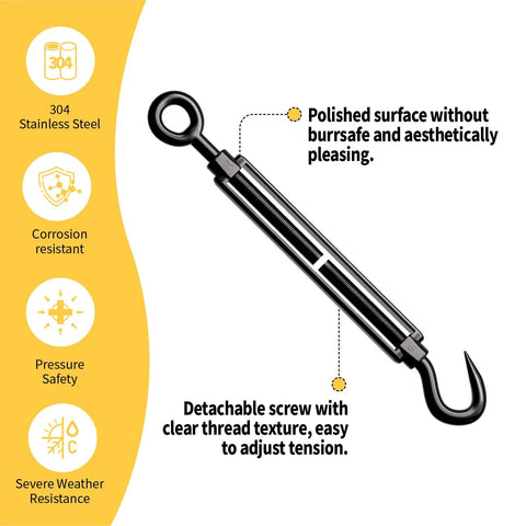 M5 Hook And Eye Turnbuckle Set Of 5 304 Stainless Steel Heavy Duty Wire Rope Tensioners For Cable Railing And Shade Sail Installations Black Finish 88 Lbs Working Load Capacity, polish finish and clear thread