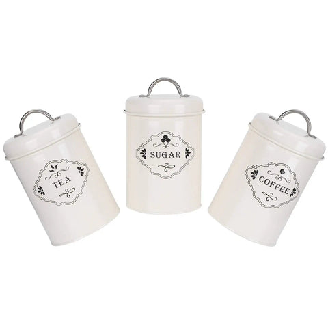 Boost Your Pantry Game With This Three Piece Airtight Kitchen Storage Jar Set Crafted From Thick Powder Coated Iron, 3 jars labeled for tea, sugar, and coffee.