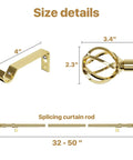 Gold Curtain Rod Set For Windows 32 To 50 Inches With Adjustable Five Eighth Inch Rod, Heavy Duty Brackets, Twisted Cage Finials