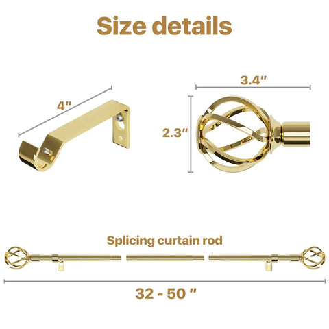Gold Curtain Rod Set For Windows 32 To 50 Inches With Adjustable Five Eighth Inch Rod, Heavy Duty Brackets, Twisted Cage Finials