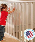 Clear Baby Safety Banister Guard Net, 33 By 10 Feet Roll, No Sweat Tie Strap Install, Toddler Proof Railing Cover protecting child indoors.