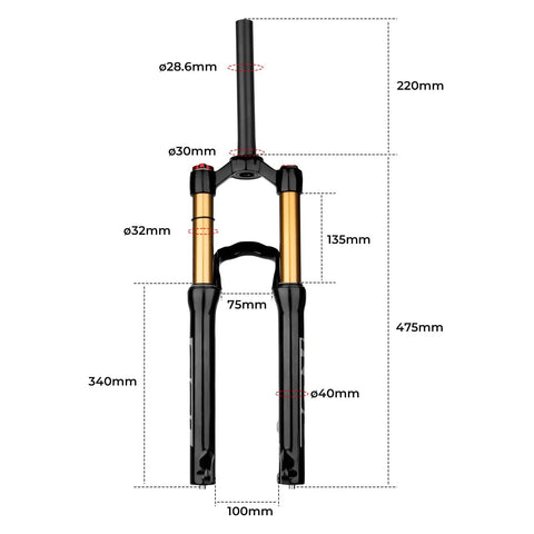 Beefy 20 And 24 Inch Mountain Bike Suspension Air Fork With 32mm Stanchions, 28.6mm To One And One Eighth Inch Steerer, 220mm Threadless Straight Steerer, 9mm Disc Brake Ready Front MTB Fork, 100 And 135mm Travel