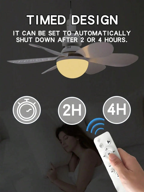 52cm ceiling fan with light, E27 bulb socket, showing remote control and auto shut-off timer features.