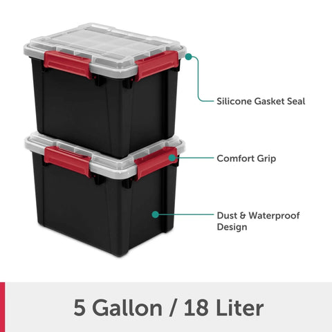 Rugged 5 Gallon Waterproof Storage Bin With Tight Gasket Seal And Heavy Duty Latches stacked, showing silicone gasket and comfort grip.