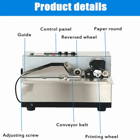 Heavy Duty Automatic Print Date Label Machine 180W Ink Wheel Printer with stainless steel build and control panel features.