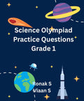 Colorful cover of grade one Science Olympiad practice questions book featuring space theme and planet graphics.