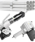 Kick Butt Heavy Duty Pneumatic Steel Strapping Machine with dual lock tensioner and cutter, handles 19mm 25mm 32mm steel straps.