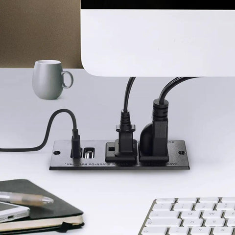 Conference Recessed Power Strip With USB Ports Table Mount on desk with cables connected, visible keyboard and mug