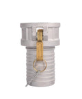 Pair Of Aluminum Gravity Cast Camlock Fittings And Groove Hose Adapter 3 Inch Part C Female Coupler to serrated tail with brass handles.