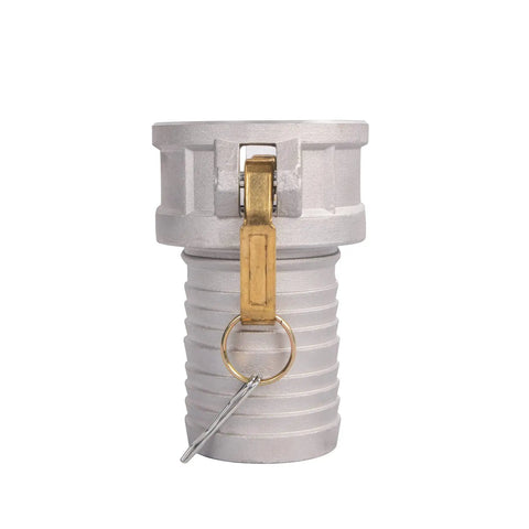 Pair Of Aluminum Gravity Cast Camlock Fittings And Groove Hose Adapter 3 Inch Part C Female Coupler to serrated tail with brass handles.