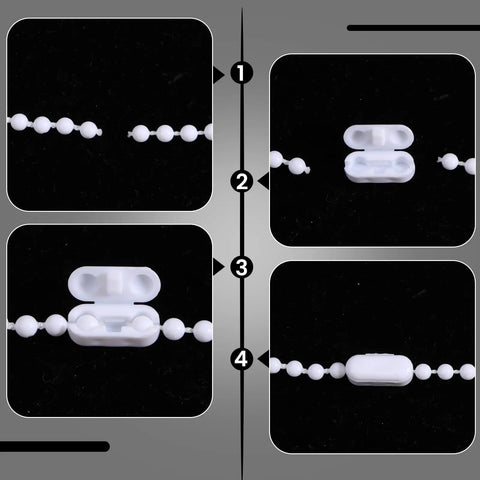 Keep Your Window Blinds Lookin Crisp With These Legit Mini Bead Chain Connectors And Slick Ball Cord Couplers showing white clips on a chain.