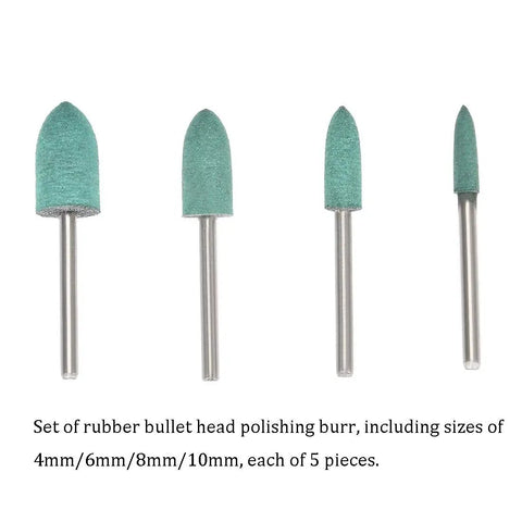 20 Piece Rubber Bullet Head Polishing Burr Set With 4mm 6mm 8mm 10mm Heads Green Cone Point Grinding Bit For Deburring