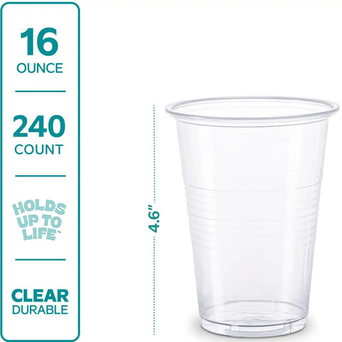 Image showing a 16 Oz Clear Plastic Cup from 240 Count Disposable For Parties And Events Party Ready BPA Free Durable Polypropylene Cold Drinking Cups For Everyday Use Great For Home Gatherings Barbecues And Catering, next to size measurements.