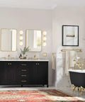 Three Light Vanity Light Fixtures In Gold Brass Finish with dimmable sconces over bath mirrors and milk glass shades